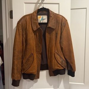 100% Leather Vintage 80s Brown Leather Bomber Jacket Unisex Medium